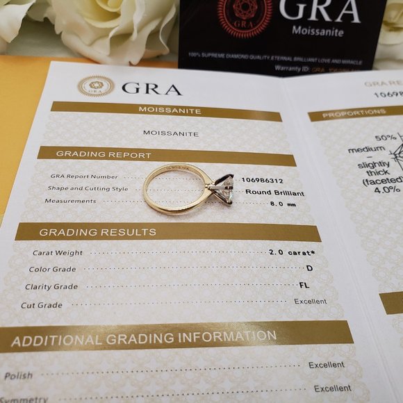 14K  Solid Yellow Gold 2 Carats Round Moissanite Solitaire Engagement Ring D-FL - Picture 7 of 7